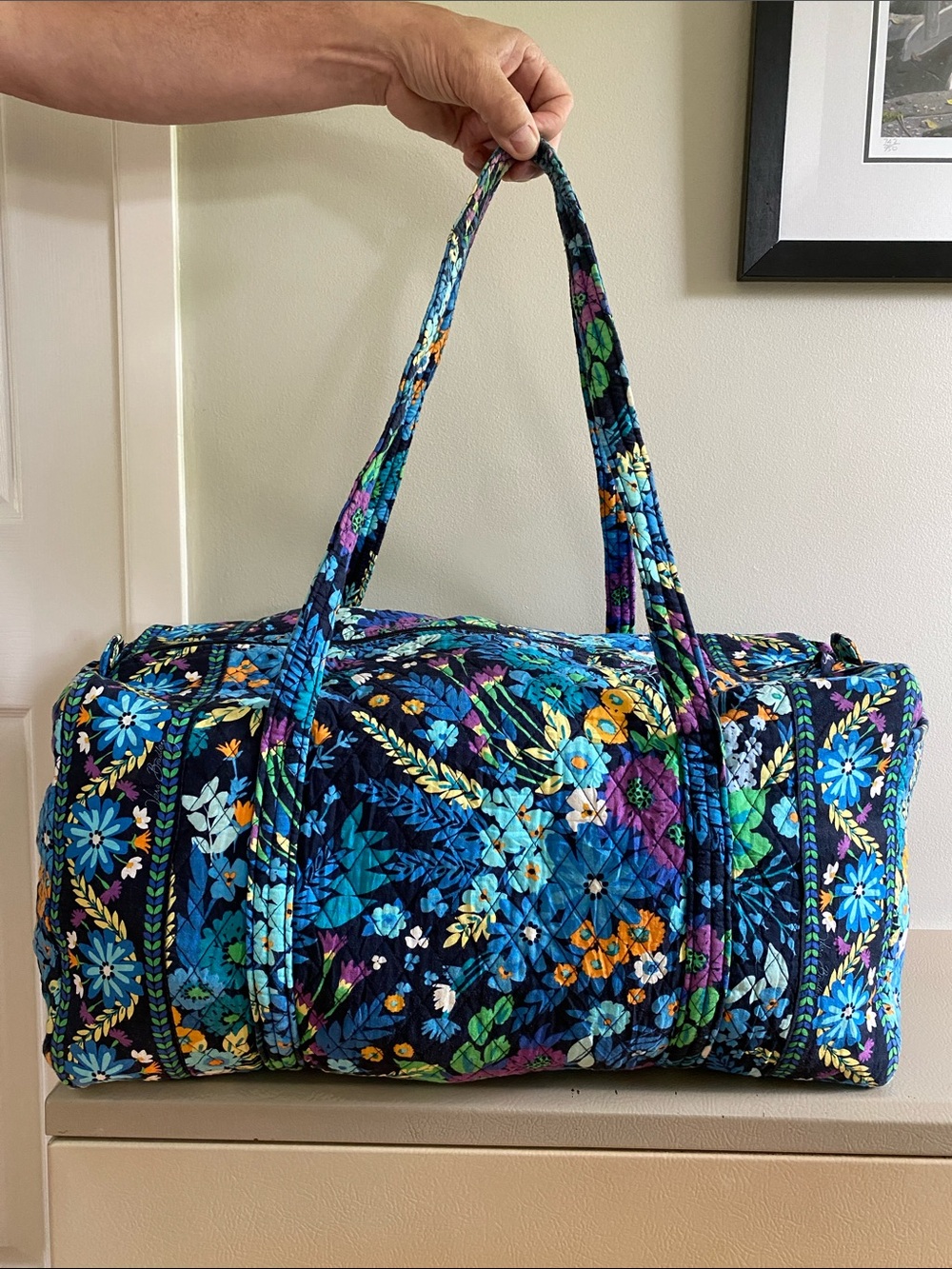 Vera Bradley Large Quilted Weekend Duffel Bag “Midnight Blues” Navy Blue Floral